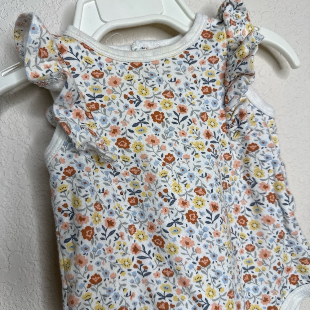 Baby Floral Ruffle One-Piece Bodysuit - White with Pastel Flowers Size 6-9 month